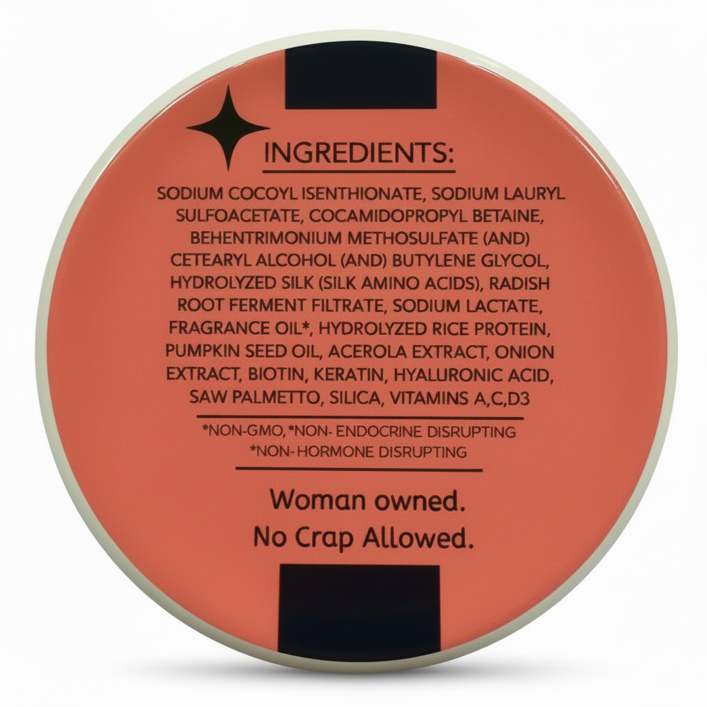 Round container with a list of ingredients on a white background