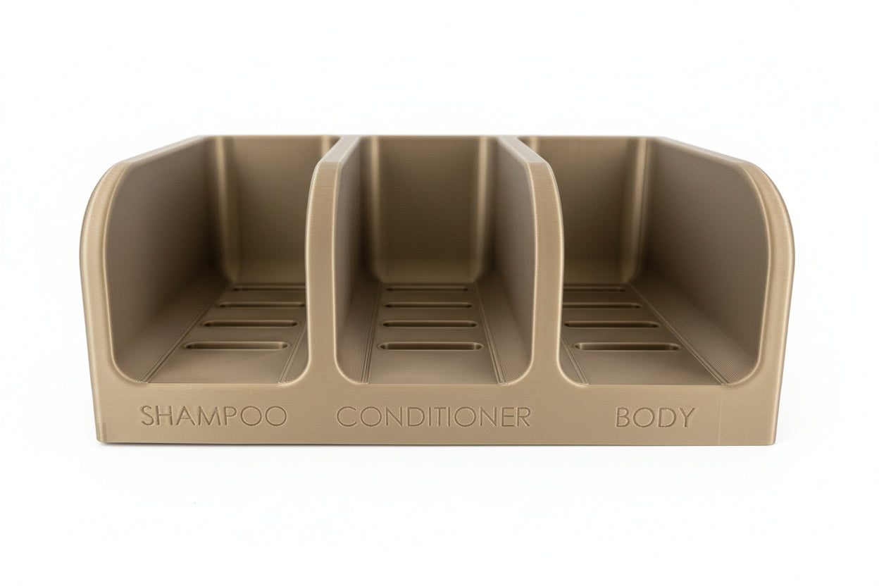 Beige three-compartment organizer for shampoo, conditioner, and body products on a white background