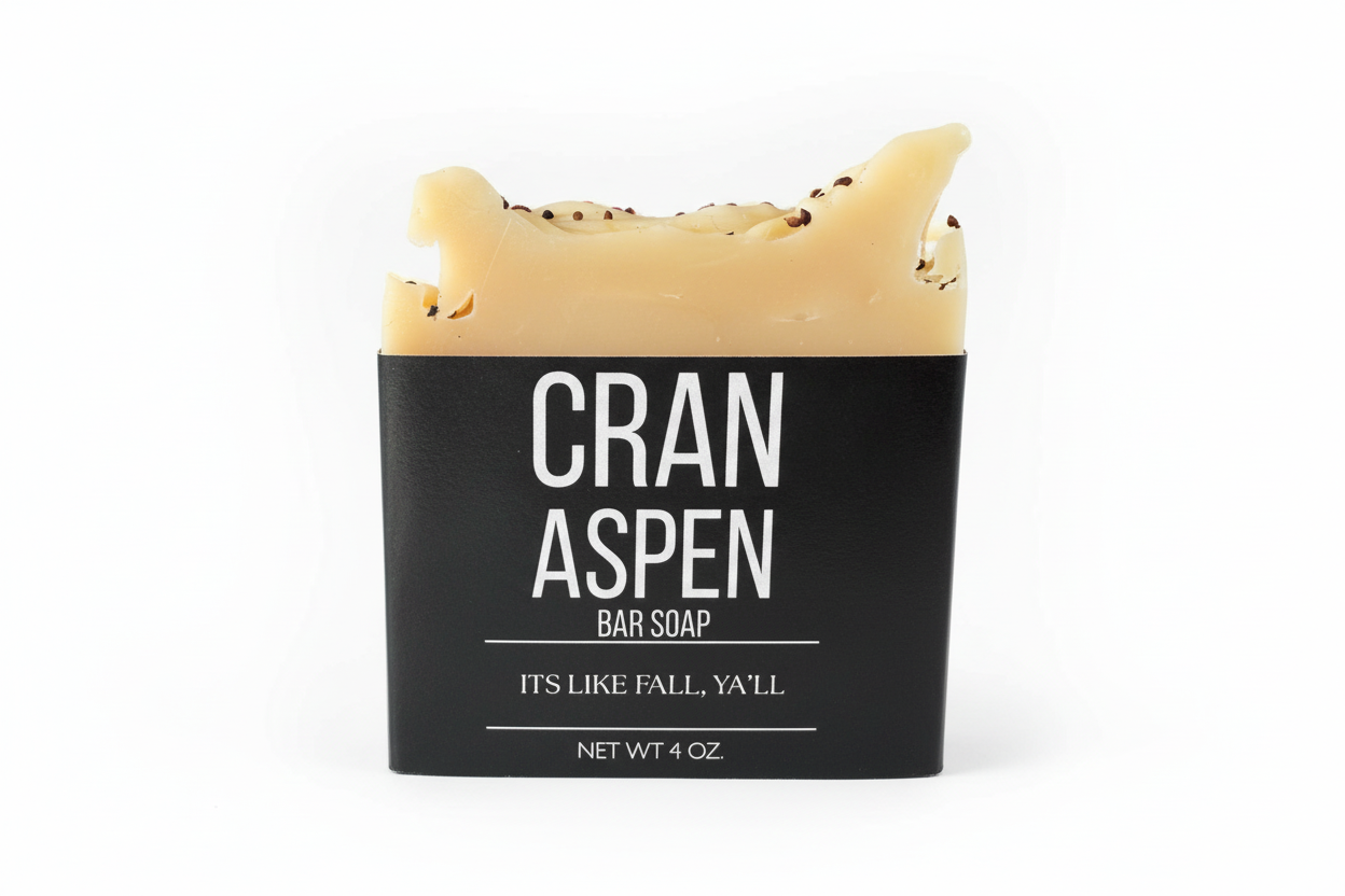 Bar of soap with a black packaging labeled 'Cran Aspen' on a white background