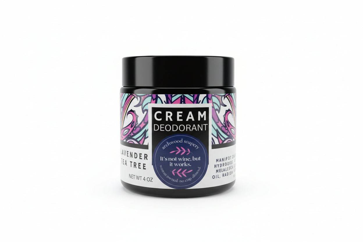 Jar of cream deodorant with colorful label on a white background