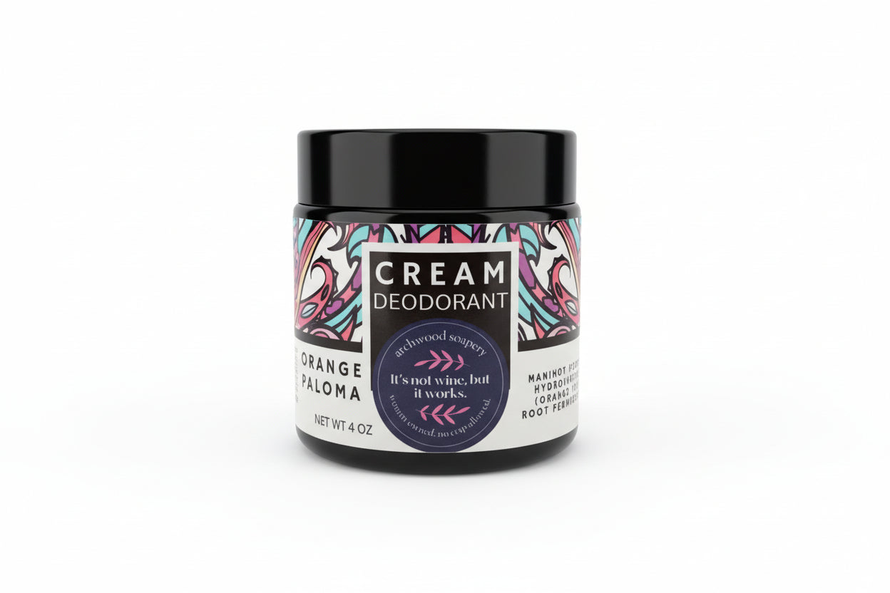 Jar of cream deodorant with colorful label on a white background
