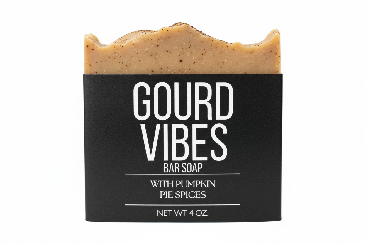 Bar soap with a black label reading 'Gourd Vibes Bar Soap with Pumpkin Pie Spices' on a white background.