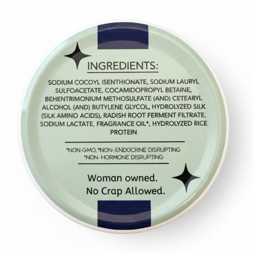 Round container with ingredient list and branding text on a white background