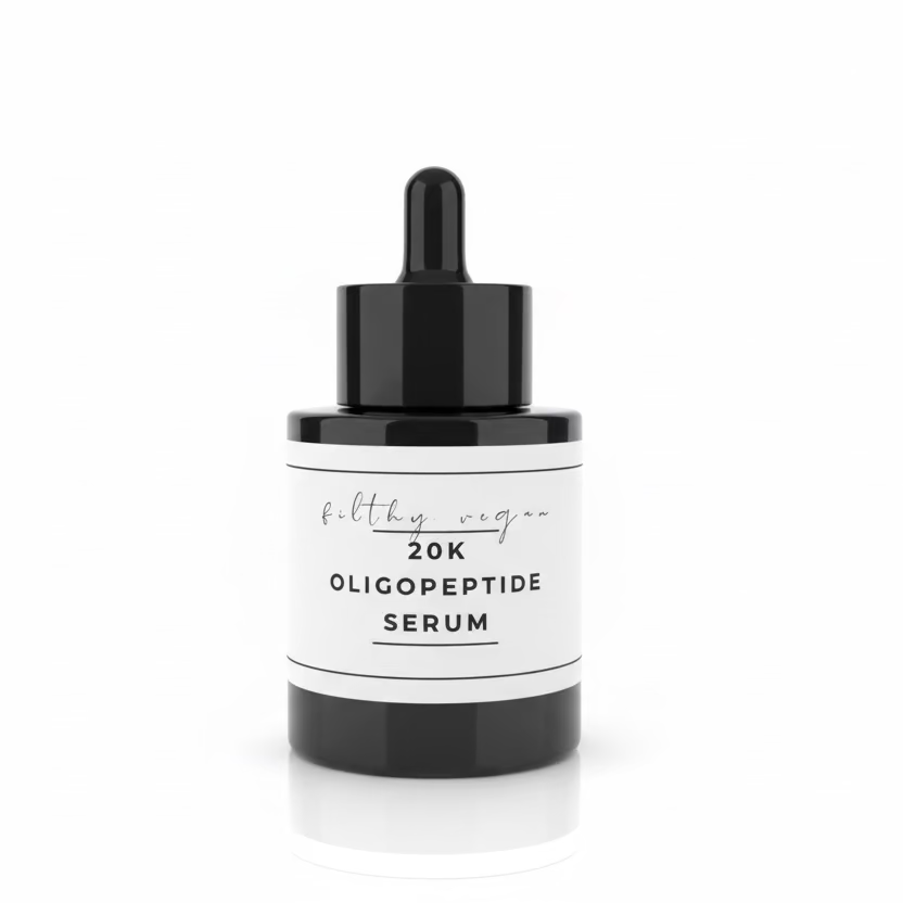 Serum bottle with dropper labeled '20K Oligopeptide Serum' on a white background
