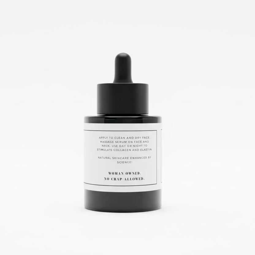 Skincare bottle with black cap and white label on a white background