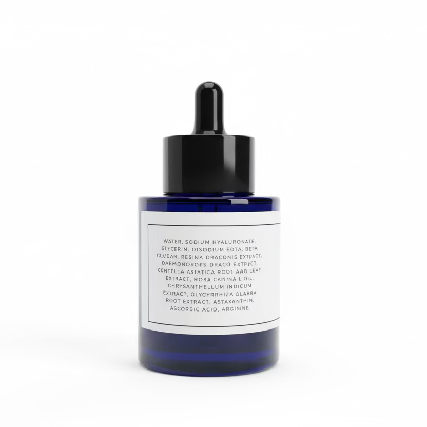 Blue dropper bottle with a label on a white background