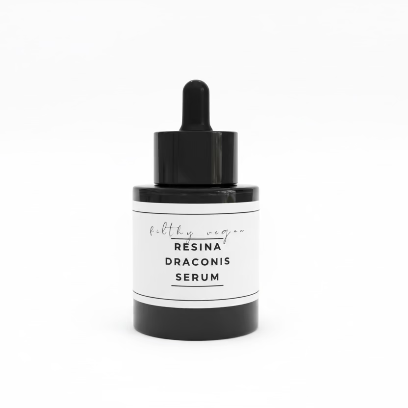Serum bottle with dropper labeled 'Resina Draconis Serum' on a white background