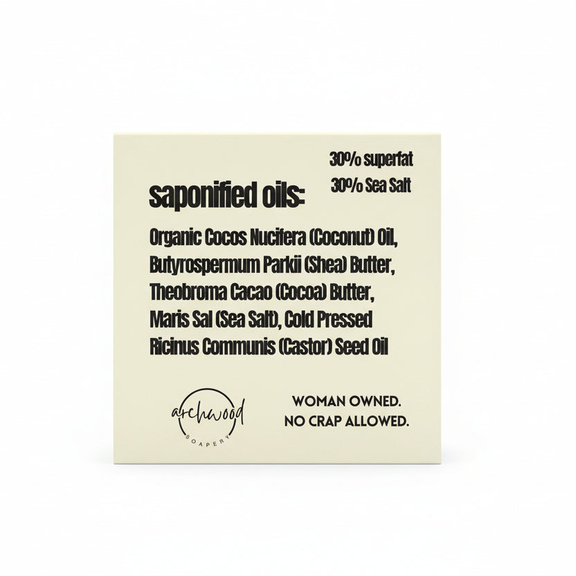 List of saponified oils on a beige background with Archwood Co logo.