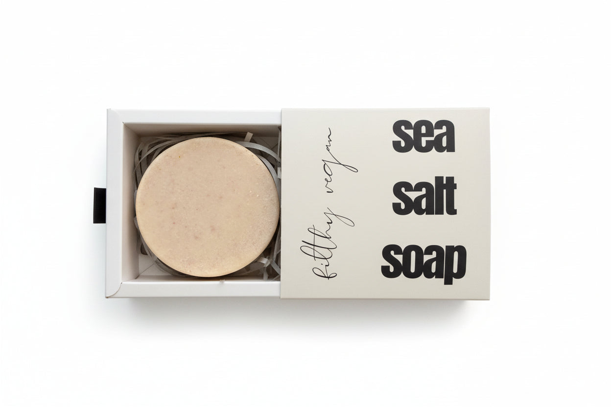 Sea salt soap in a white box with 'sea salt soap' text on a white background
