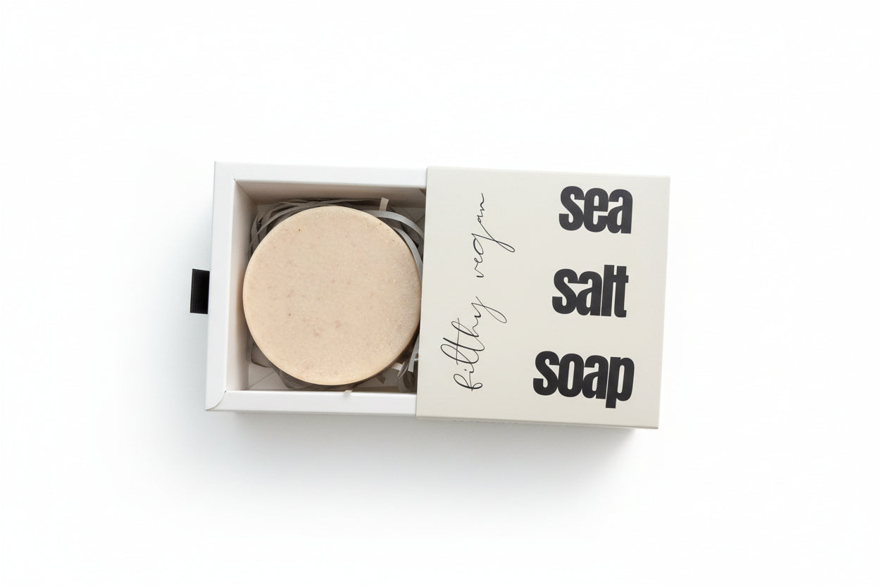Sea salt soap in a white box with a label on a white background