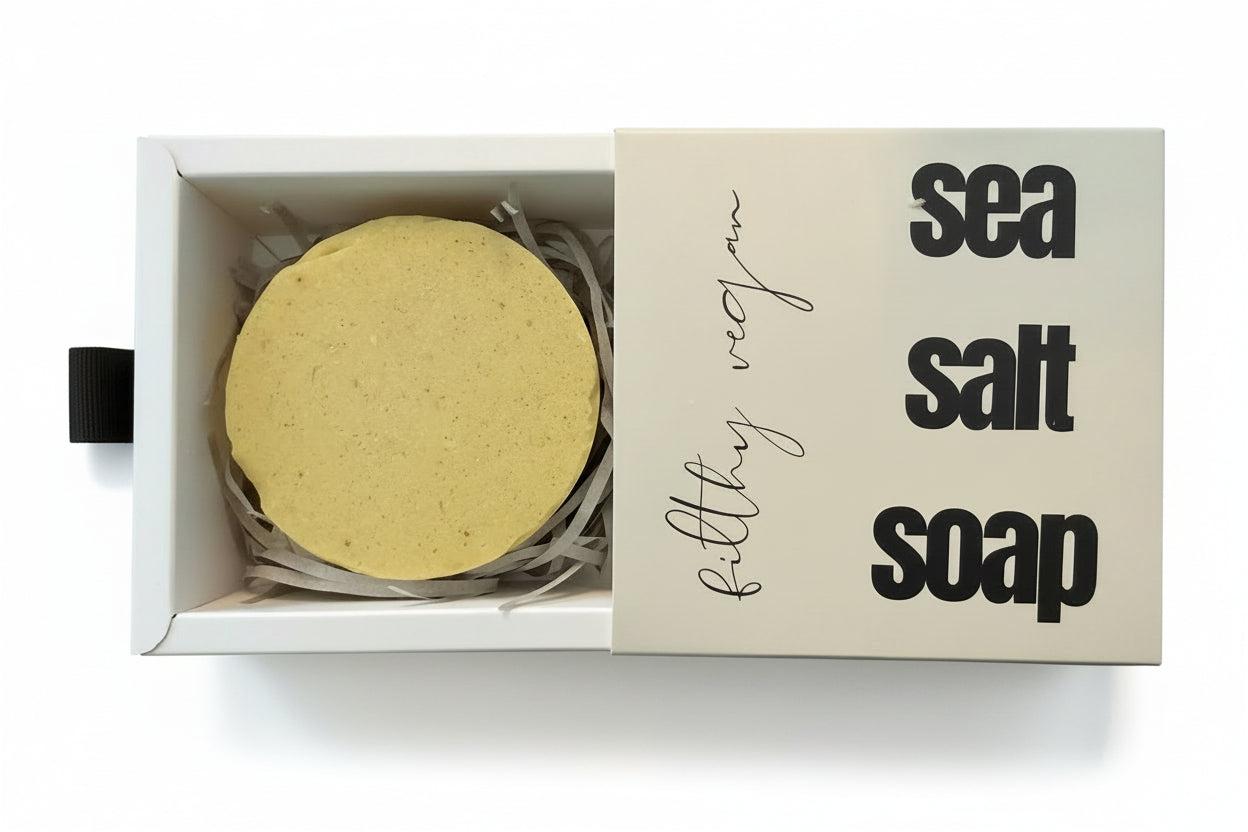 Sea salt soap in a box with 'sea salt soap' packaging on a white background