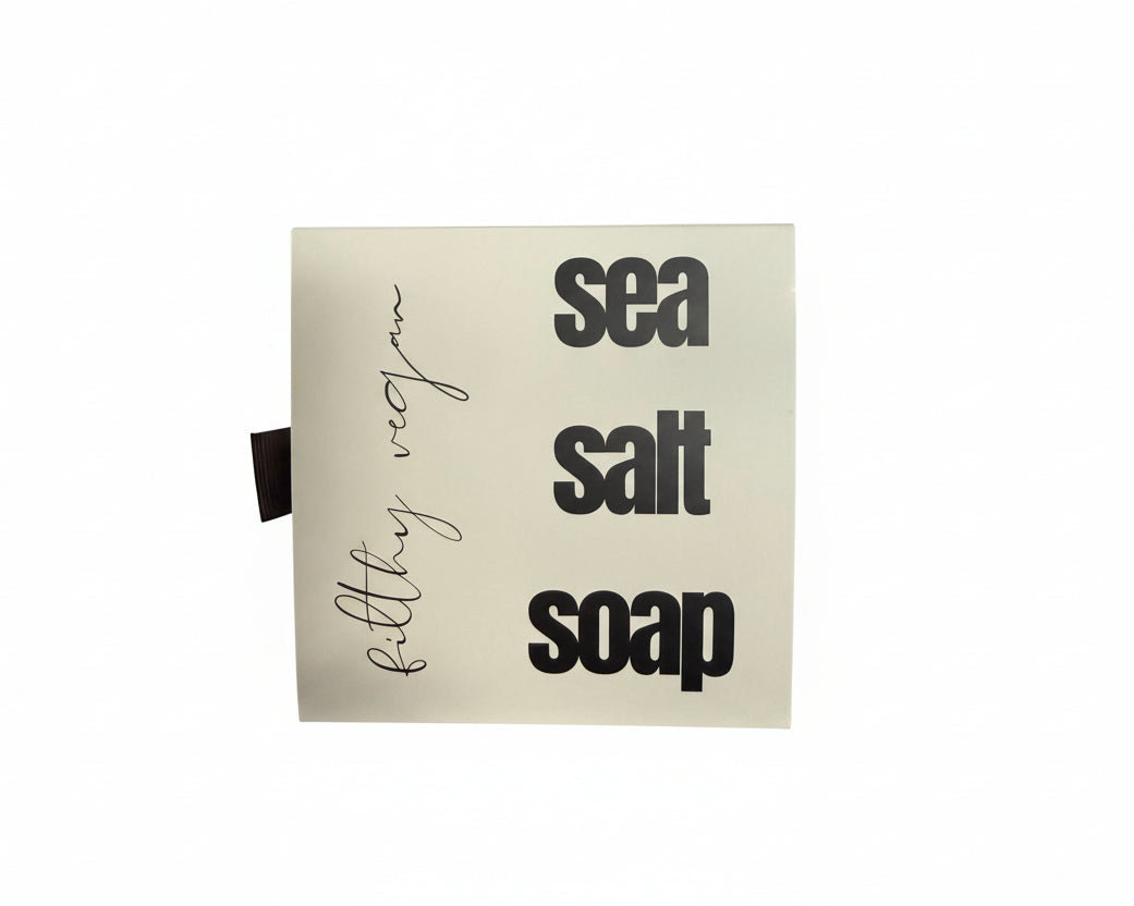 Sea salt soap packaging with text on a beige background