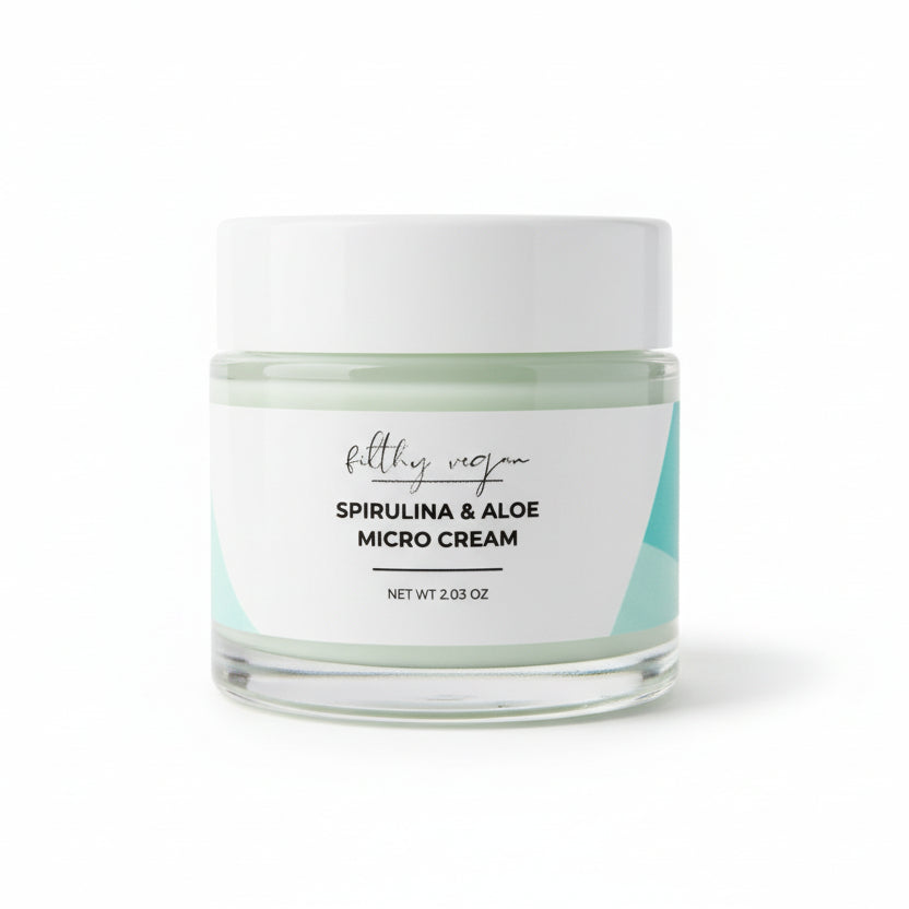 Jar of Spirulina & Aloe Micro Cream with a white lid on a white background