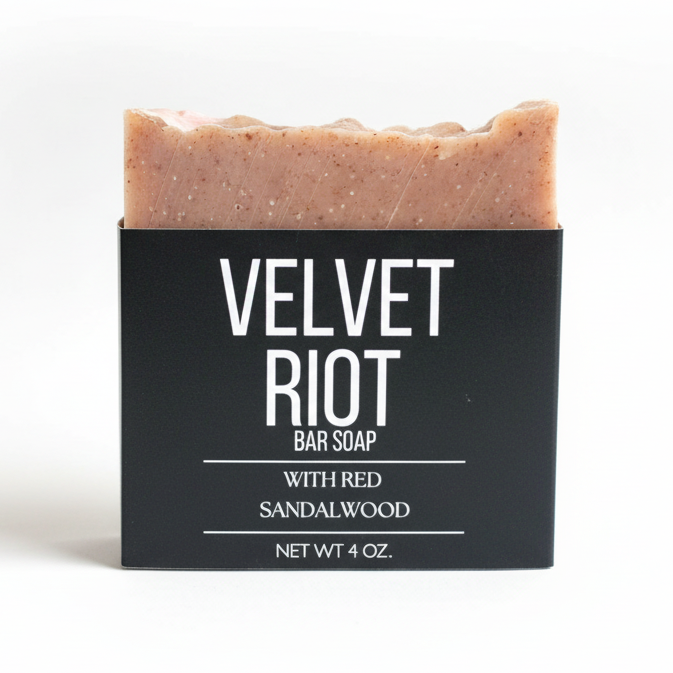 Bar of soap with a black box labeled 'Velvet Riot' on a white background